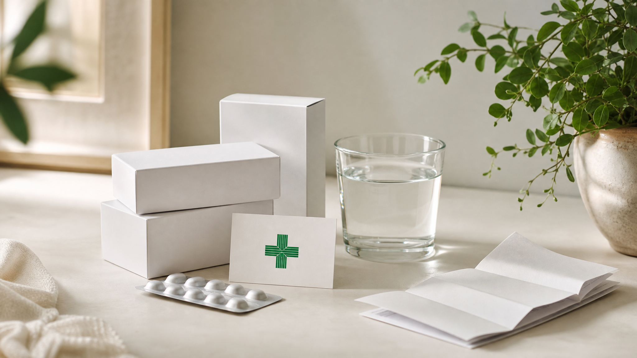 Toonbank van een apotheek met medicijndoosjes en een hand die een doosje aanpakt